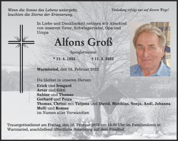 Traueranzeige von Alfons Groß von Mindelheimer Zeitung