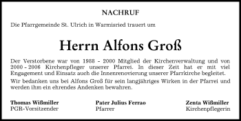 Traueranzeige von Alfons Groß von Mindelheimer Zeitung