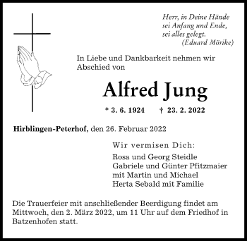 Traueranzeige von Alfred Jung von Augsburger Allgemeine
