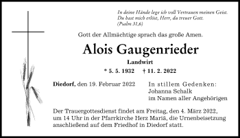 Traueranzeige von Alois Gaugenrieder von Augsburger Allgemeine