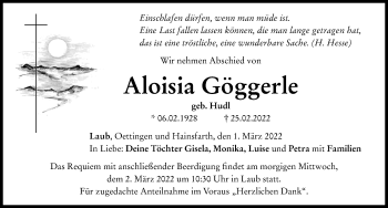 Traueranzeige von Aloisia Göggerle von Rieser Nachrichten