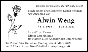 Traueranzeige von Alwin Weng von Augsburger Allgemeine