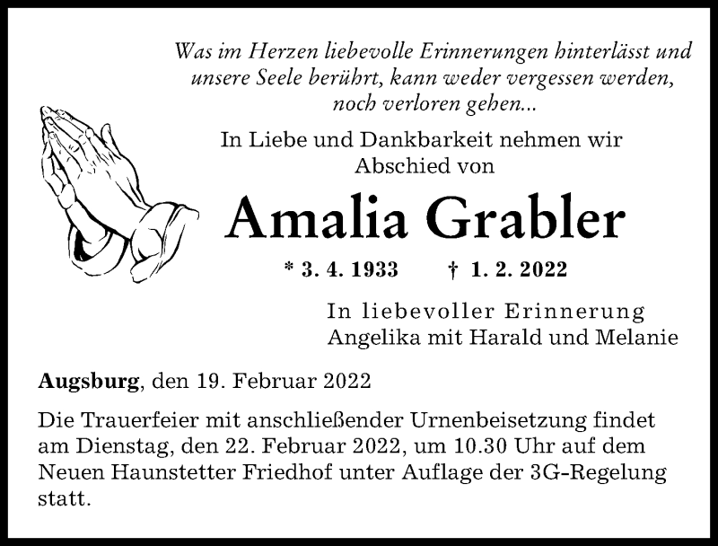  Traueranzeige für Amalia Grabler vom 19.02.2022 aus Augsburger Allgemeine