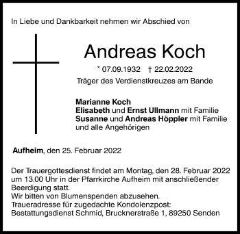 Traueranzeige von Andreas Koch von Augsburger Allgemeine, Neu-Ulmer Zeitung