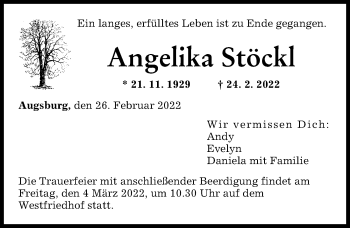 Traueranzeige von Angelika Stöckl von Augsburger Allgemeine