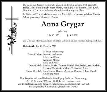 Traueranzeige von Anna Grygar von Rieser Nachrichten