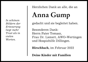 Traueranzeige von Anna Gump von Wertinger Zeitung