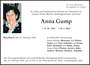 Traueranzeige von Anna Gump von Wertinger Zeitung