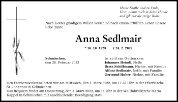 Traueranzeige von Anna Sedlmair von Friedberger Allgemeine