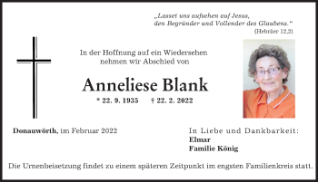 Traueranzeige von Anneliese Blank von Rieser Nachrichten, Donauwörther Zeitung