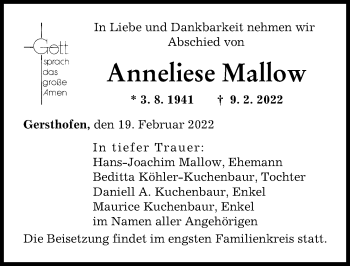 Traueranzeige von Anneliese Mallow von Augsburger Allgemeine