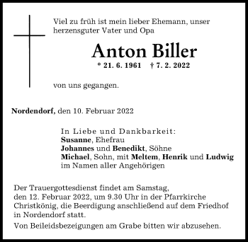 Traueranzeige von Anton Biller von Augsburg-Land