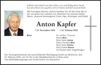 Traueranzeige von Anton Kapfer von Donauwörther Zeitung