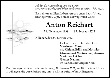 Traueranzeige von Anton Reichart von Donau Zeitung