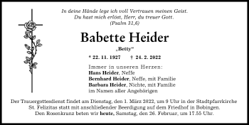 Traueranzeige von Babette Heider von Schwabmünchner Allgemeine