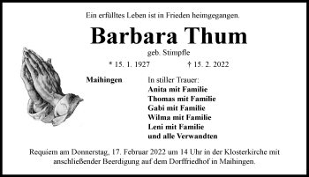 Traueranzeige von Barbara Thum von Rieser Nachrichten