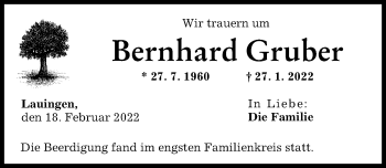 Traueranzeige von Bernhard Gruber von Donau Zeitung