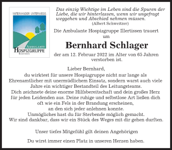 Traueranzeige von Bernhard Schlager von Illertisser Zeitung, Neu-Ulmer Zeitung, Günzburger Zeitung
