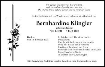 Traueranzeige von Bernhardine Klingler von Günzburger Zeitung