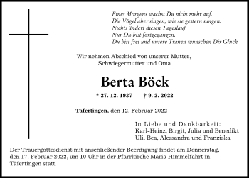 Traueranzeige von Berta Böck von Augsburger Allgemeine