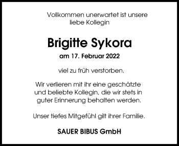 Traueranzeige von Brigitte Sykora von Neu-Ulmer Zeitung