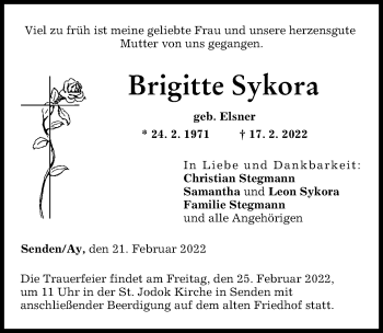 Traueranzeige von Brigitte Sykora von Neu-Ulmer Zeitung