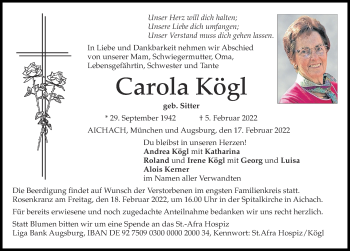Traueranzeige von Carola Kögl von Aichacher Nachrichten