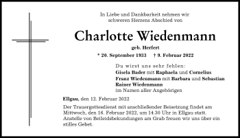 Traueranzeige von Charlotte Wiedenmann von Augsburg-Land