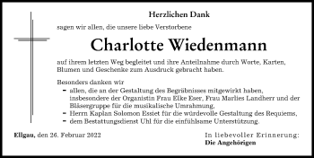 Traueranzeige von Charlotte Wiedenmann von Augsburg-Land