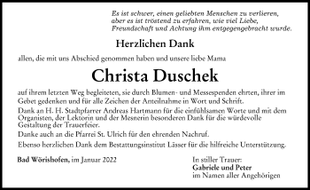 Traueranzeige von Christa Duschek von Mindelheimer Zeitung