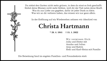 Traueranzeige von Christa Hartmann von Augsburger Allgemeine
