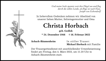 Traueranzeige von Christa Horbach von Donauwörther Zeitung