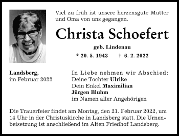 Traueranzeige von Christa Schoefert von Landsberger Tagblatt