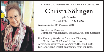 Traueranzeige von Christa Söhngen von Augsburger Allgemeine