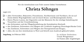 Traueranzeige von Christa Söhngen von Augsburger Allgemeine