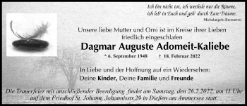 Traueranzeige von Dagmar Auguste Adomeit-Kaliebe von Ammersee Kurier