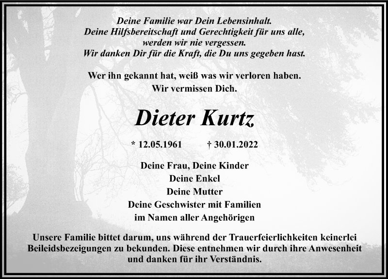  Traueranzeige für Dieter Kurtz vom 09.02.2022 aus Mittelschwäbische Nachrichten