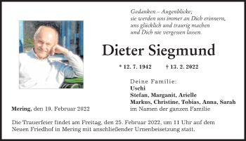 Traueranzeige von Dieter Siegmund von Friedberger Allgemeine