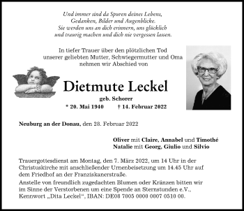 Traueranzeige von Dietmute Leckel von Neuburger Rundschau