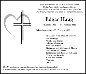 Traueranzeige von Edgar Haug von Neuburger Rundschau