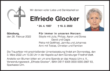 Traueranzeige von Elfriede Glocker von Günzburger Zeitung