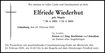 Traueranzeige von Elfriede Wiederhut von Günzburger Zeitung