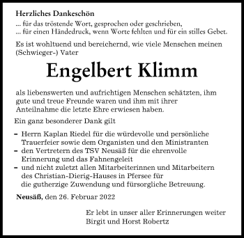 Traueranzeige von Engelbert Klimm von Augsburger Allgemeine