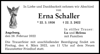 Traueranzeige von Erna Schaller von Augsburger Allgemeine