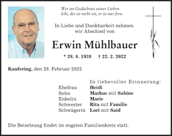 Traueranzeige von Erwin Mühlbauer von Landsberger Tagblatt