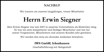 Traueranzeige von Erwin Siegner von Günzburger Zeitung