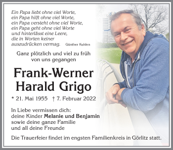 Traueranzeige von Frank-Werner Harald  Grigo von Mindelheimer Zeitung, Augsburger Allgemeine