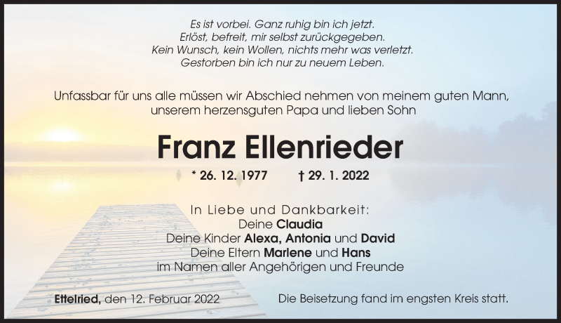  Traueranzeige für Franz Ellenrieder vom 12.02.2022 aus Augsburger Allgemeine