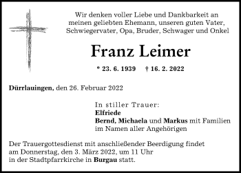 Traueranzeige von Franz Leimer von Günzburger Zeitung