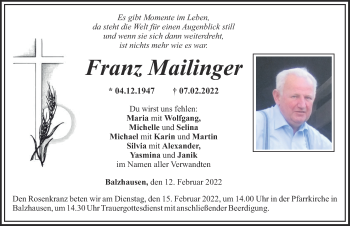 Traueranzeige von Franz Mailinger von Mittelschwäbische Nachrichten